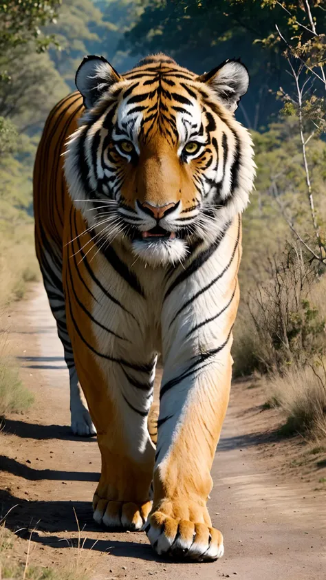 A tiger walking in the wild, look at viewer,angry