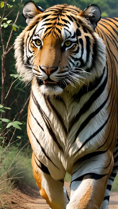 A tiger walking in the wild, look at viewer,angry