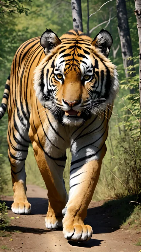 A tiger walking in the wild, look at viewer,angry