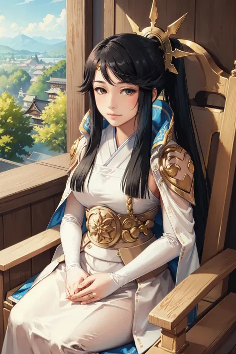 masterpiece, best quality, feMikoto, ponytail, circlet, armored dress, hair ornament, elbow gloves, sitting, japanese architecture, throne, slight smile, tired, looking at viewer <lora:mikoto-nvwls-v1-000009:0.9>