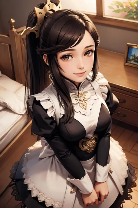 masterpiece, best quality, feMikoto, ponytail, hair ornament, fates maid, bedroom, cowboy shot, smile, from above, brown eyes <lora:mikoto-nvwls-v1-000009:0.7> <lora:FEFatesMaid_v1:1>
