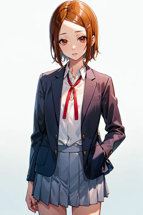 <lora:Hikari:1> HikariDef, brown eyes, red eyes, brown hair, short hair, hair ornament, hairclip,  <lora:SakuragaokaHighSchoolUniform:1>  SakuragaokaWinter, sakuragaoka high school uniform, open jacket, white shirt, long sleeves, neck ribbon, grey skirt,, absurdres, ultra detailed, masterpiece, best quality, aesthetic, detailed,