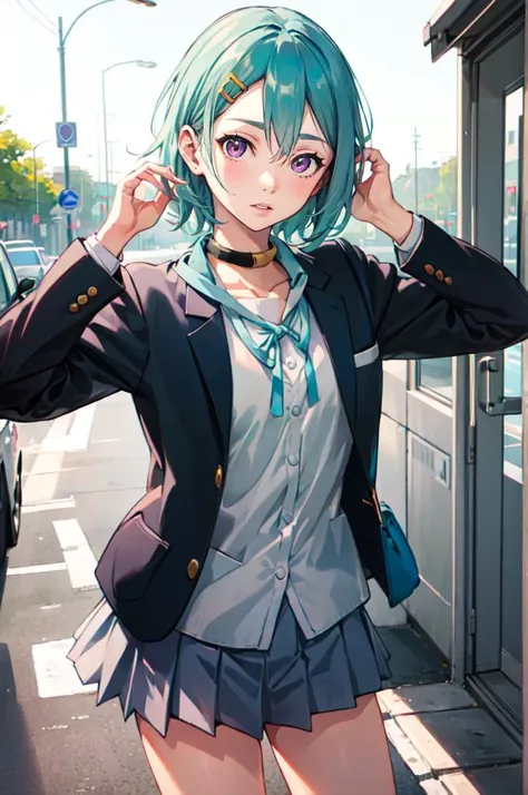 <lora:eureka:0.7> 1girl, purple eyes, aqua hair, short hair, hairclip, hair ornament,   <lora:SakuragaokaHighSchoolUniform:1> SakuragaokaWinter, sakuragaoka high school uniform, blazer, long sleeves, neck ribbon, grey skirt,, absurdres, ultra detailed, masterpiece, best quality, aesthetic, detailed,