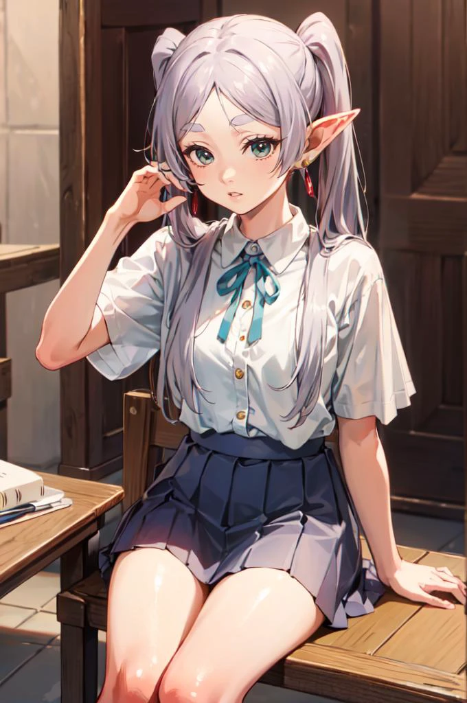 solo, <lora:FrierenV2:1> Frieren, long hair, twintails, earrings, <lora:SakuragaokaHighSchoolUniform:1> SakuragaokaSummer, sakuragaoka high school uniform, sweater vest, neck ribbon, short sleeves, grey skirt,, absurdres, ultra detailed, masterpiece, best quality, aesthetic, detailed,