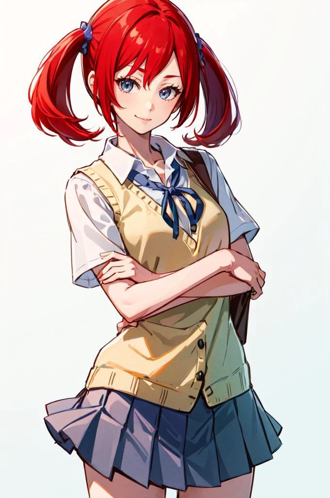 smile, cowboy shot, <lora:diginokia-nvwls-v1:0.8> digiNokia, twintails, red hair, <lora:SakuragaokaHighSchoolUniform:1> SakuragaokaSummer, sakuragaoka high school uniform, sweater vest, neck ribbon, short sleeves, grey skirt,, absurdres, ultra detailed, masterpiece, best quality, aesthetic, detailed,