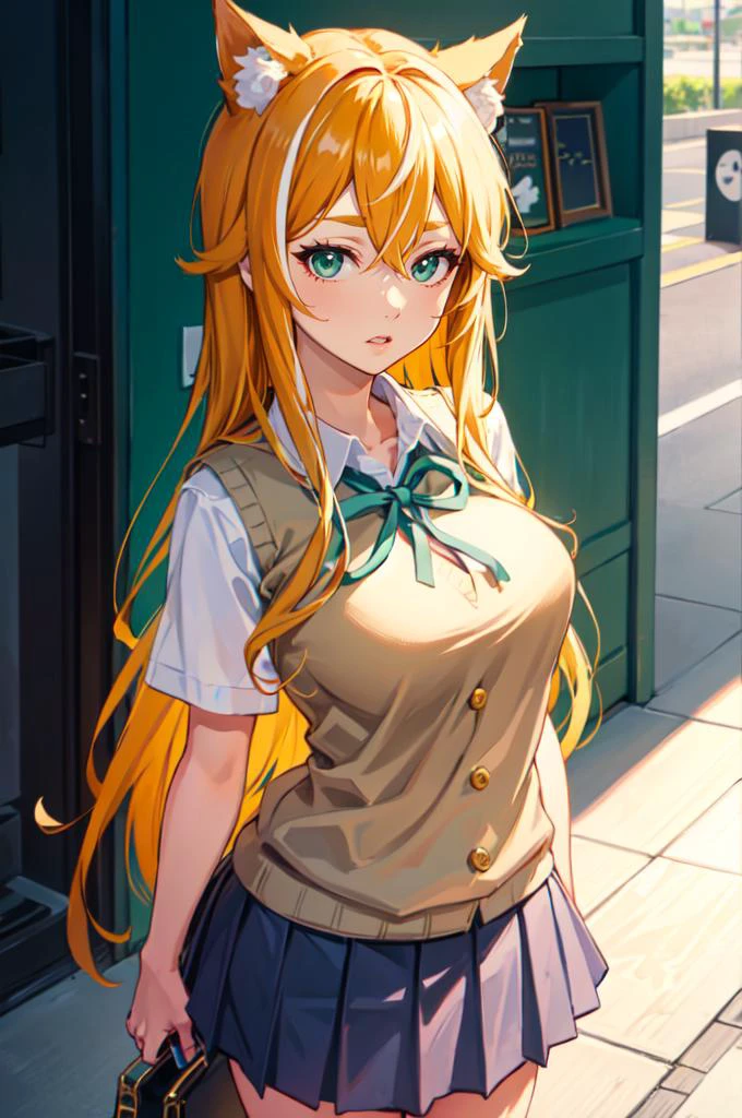 <lora:hina:0.5> hina (genshin impact), 1girl, green eyes, dog ears, animal ears, multicolored hair, long hair, large breasts, <lora:SakuragaokaHighSchoolUniform:1> SakuragaokaSummer, sakuragaoka high school uniform, sweater vest, neck ribbon, short sleeves, grey skirt,, absurdres, ultra detailed, masterpiece, best quality, aesthetic, detailed,