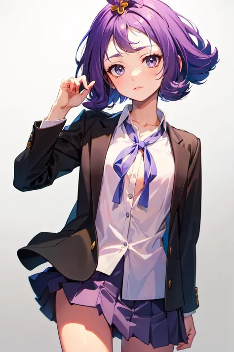 <lora:Acerola_Pokemon:0.8> acerola (pokemon), purple eyes, purple hair, topknot, flipped hair,   <lora:SakuragaokaHighSchoolUniform:1>  SakuragaokaWinter, sakuragaoka high school uniform, open jacket, white shirt, long sleeves, neck ribbon, grey skirt,, absurdres, ultra detailed, masterpiece, best quality, aesthetic, detailed,