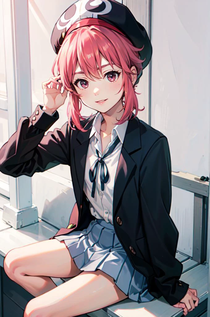solo, cowboy shot, smile, sitting, <lora:jakuzure_nonon:0.7> jakuzure nonon, pink hat, <lora:SakuragaokaHighSchoolUniform:1> SakuragaokaWinter, sakuragaoka high school uniform, open jacket, white shirt, long sleeves, neck ribbon, grey skirt,, absurdres, ultra detailed, masterpiece, best quality, aesthetic, detailed,