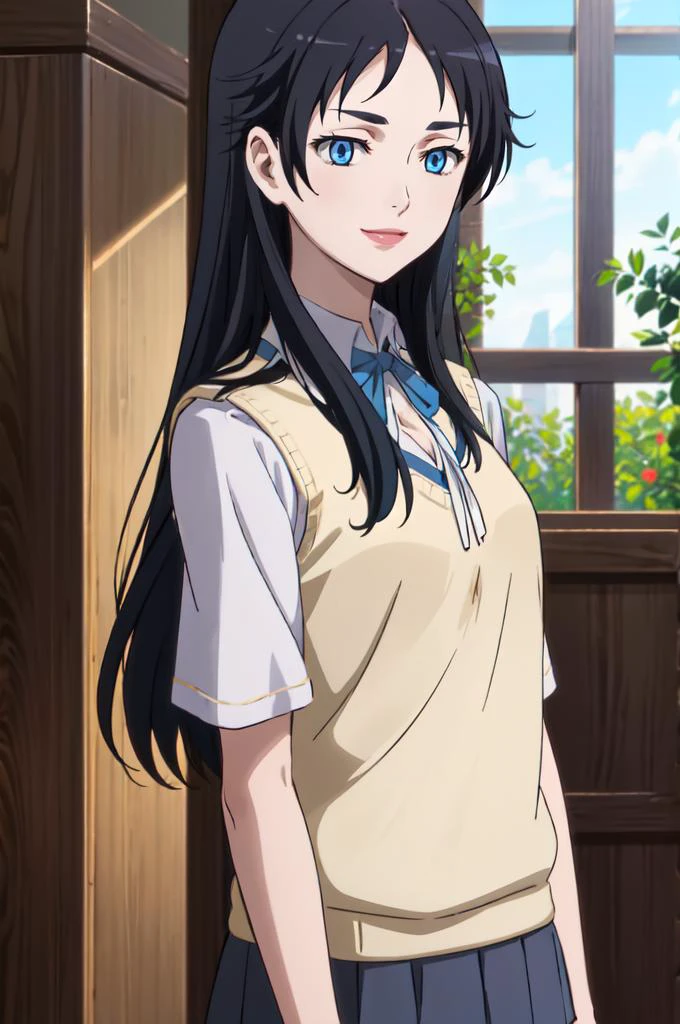 smile, <lora:Diva:0.9> diva_blood, glowing_eyes, <lora:SakuragaokaHighSchoolUniform:1> SakuragaokaSummer, sakuragaoka high school uniform, sweater vest, neck ribbon, short sleeves, grey skirt,, absurdres, ultra detailed, masterpiece, best quality, aesthetic, detailed,