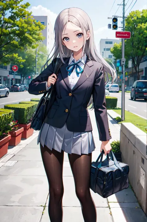 pantyhose, <lora:SakuragaokaHighSchoolUniform:1> SakuragaokaWinter, sakuragaoka high school uniform, blazer, long sleeves, neck ribbon, grey skirt, sakuragaoka high school, school stairs, school bag,, absurdres, ultra detailed, masterpiece, best quality, aesthetic, detailed,, serious, 1girl, (white eyes:1.1), (grey eyes:1.3), white hair, very long hair, parted hair, parted bangs, <lora:parted_hair_v1.3:1.3>, medium breasts,