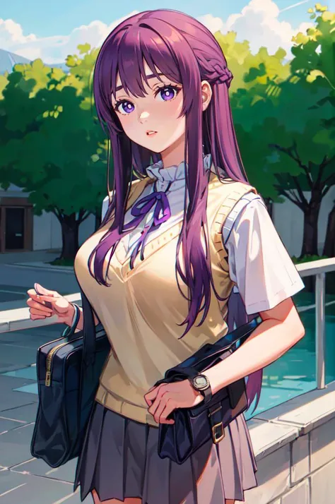 <lora:SakuragaokaHighSchoolUniform:1> SakuragaokaSummer, sakuragaoka high school uniform, (sweater vest, neck ribbon:1.3), short sleeves, grey skirt, <lora:Fern:0.8> FernFrieren, very long hair, purple eyes, (purple pupils), large breasts,, absurdres, ultra detailed, masterpiece, best quality, aesthetic, detailed,