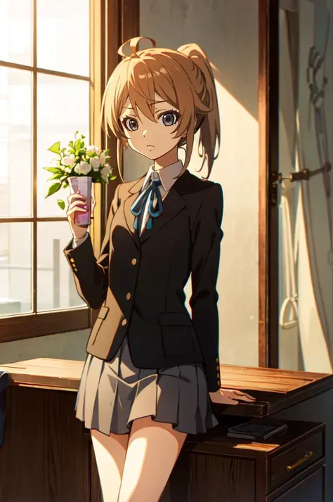 <lora:SakuragaokaHighSchoolUniform:1> SakuragaokaWinter, sakuragaoka high school uniform, blazer, long sleeves, neck ribbon, grey skirt, <lora:TanyavonDegurechaff001:0.5> TanyavonDegurechaff, ahoge ,ponytail,, absurdres, ultra detailed, masterpiece, best quality, aesthetic, detailed,
