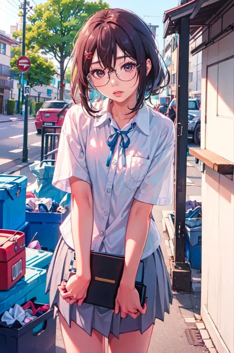 <lora:SakuragaokaHighSchoolUniform:1> SakuragaokaSummer, sakuragaoka high school uniform, white shirt, neck ribbon, short sleeves, grey skirt, <lora:LIP:1> (LilyPichuTI:0.9), glasses,, absurdres, ultra detailed, masterpiece, best quality, aesthetic, detailed,