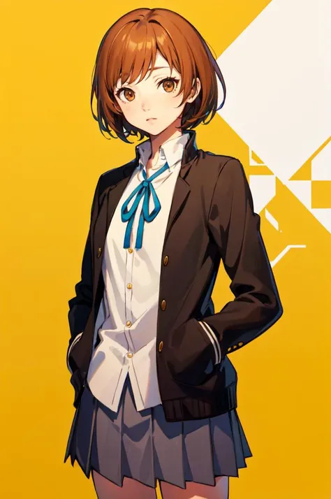 <lora:zs_Chie:0.8> brown eyes, short brown hair, chiep4, <lora:SakuragaokaHighSchoolUniform:1> SakuragaokaWinter, sakuragaoka high school uniform, open jacket, white shirt, long sleeves, neck ribbon, grey skirt,, absurdres, ultra detailed, masterpiece, best quality, aesthetic, detailed,