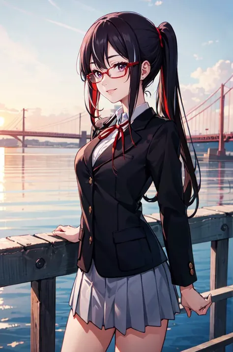 <lora:SakuragaokaHighSchoolUniform:1> SakuragaokaWinter, sakuragaoka high school uniform, blazer, long sleeves, red neck ribbon, grey skirt, against railing, sunset, outdoors, bridge,, absurdres, ultra detailed, masterpiece, best quality, aesthetic, detailed,, solo, smug smile, 1girl, purple eyes, red-framed eyewear, (black hair, red colored tips:1.2), red streaked hair, very long hair, side ponytail, tied hair, medium breasts,