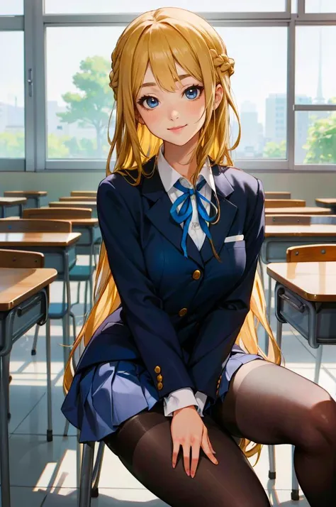 pantyhose,  classroom, teacup,   <lora:SakuragaokaHighSchoolUniform:1> SakuragaokaWinter, sakuragaoka high school uniform, blazer, long sleeves, neck ribbon, grey skirt,, absurdres, ultra detailed, masterpiece, best quality, aesthetic, detailed,, solo, soft smile, light smile,
katya1, 1girl, blue eyes, very long hair, blonde hair, long blonde hair, french braid, bangs, medium breasts,