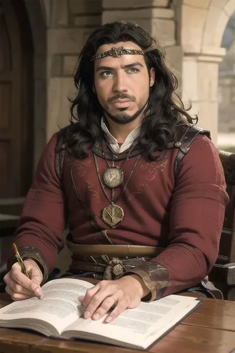 (masterpiece),
1boy, 1man, black beard, black hair, old,
AlexAstier, sitting at a table, 
short hair,  king arthur, circlet, necklace,  long hair,
black beard, short hair, black hair, looking at viewer,
uppder body,
HDR, highly detailed, 32k,
background of a castle
 <lora:AlexAstier:0.8>