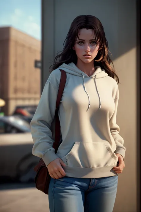 8k, best quality, real picture, intricate details, ultra-detailed, ultra highres, depth field,(photorealistic,realistic:1.2), masterpiece,photo of 1girl, elizshannon, brown hair, long hair,, arms on hips, realistic, grey hoodie, jeans lips, solo, ruined city background by lee jeffries, nikon d850, film stock, photograph 4 kodak portra 400 camera f1.6 lens, rich colors, hyper realistic, lifelike texture, dramatic lighting, unreal engine, trending on artstation, cinestill 800 <lora:ElizShannon:1>