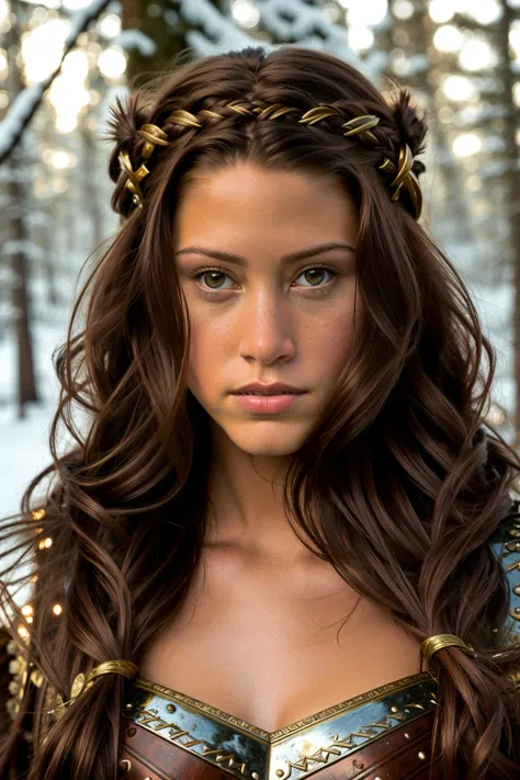 portrait painting of 1girl as nordic viking warrior, 1girl, elizshannon,brown hair, long hair, brown eyes, wearing viking armor,detailed skin, fantasy, snowy nordic forest, modelshoot style, (extremely detailed CG), photo of beautiful artwork, (Antonio Moro), (Jeremy Mann), High Detail, Sharp focus, dramatic, oil painting, realistic <lora:ElizShannon:1>
