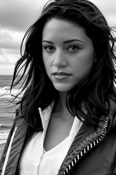 b&w photo of woman, elizshannon, brown hair, long hair, half body, body, high detailed skin, skin pores, sfw, jacket, coastline, overcast weather, wind, waves, 8k uhd, dslr, soft lighting, high quality, film grain, Fujifilm XT3 <lora:ElizShannon:1>