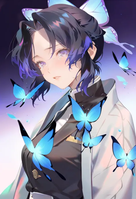 masterpiece, best quality, <lora:reiXL_ANI31_lokr_V4312:0.95> 1girl, kochou shinobu, blue butterfly, bug, butterfly, solo, demon slayer uniform, purple eyes, black hair, hair ornament, butterfly hair ornament, looking at viewer, haori, upper body, parted bangs, lips, japanese clothes, short hair, jacket, closed mouth, parted lips, purple hair, multicolored hair, purple background, tears, black jacket, uniform, portrait