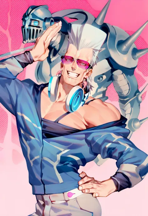 masterpiece, best quality, <lora:reiXL_ANI31_lokr_V4312:0.95> jean pierre polnareff, stand \(jojo\), male focus, 1boy, sunglasses, earrings, jewelry, grin, headphones, smile, headphones around neck, rapier, hand on own hip, blue eyes, grey hair, off shoulder, pink background, pectorals, muscular, jacket, teeth, spikes, muscular male, pants