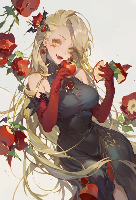 score_9, score_8_up, score_7_up, score_6_up <lora:reiXL_AutC_lokr_V43P1:0.95>  1girl, long hair, solo, dress, gloves, yellow eyes, blonde hair, elbow gloves, food, apple, holding, rose, flower, black dress, red flower, smile, looking at viewer, red gloves, fruit, holding food, red rose, sleeveless, bare shoulders, makeup, white background, sleeveless dress, head tilt, hair ornament, eyeshadow, bat hair ornament, breasts, holding fruit, open mouth, very long hair, simple background, vampire, slit pupils, jewelry, facial mark, eyelashes, earrings