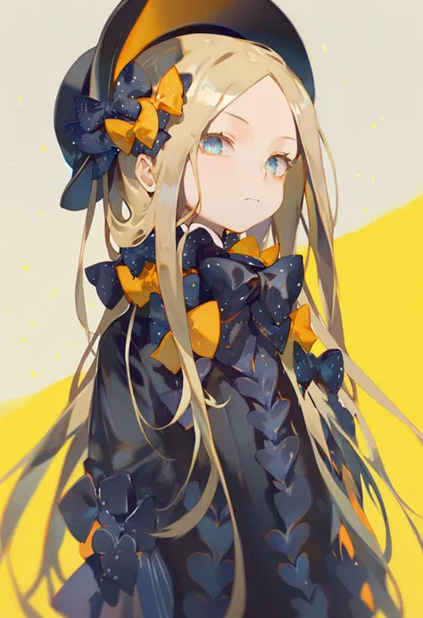 score_9, score_8_up, score_7_up, score_6_up <lora:reiXL_AutC_lokr_V43P1:0.95>  1girl, solo, abigail williams \(fate\), bow, blonde hair, yellow background, long hair, blue eyes, hair bow, black bow, looking at viewer, hat, polka dot, signature, black headwear, parted bangs, orange bow, portrait, simple background, closed mouth, polka dot bow, multiple hair bows, multicolored eyes, forehead, black dress, dress, head tilt, yellow bow