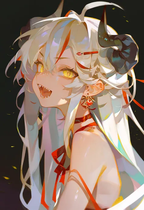 score_9, score_8_up, score_7_up, score_6_up, <lora:rei_XLP6_lokr_V4312:0.95>  1girl, solo, open mouth, horns, sharp teeth, teeth, earrings, jewelry, looking at viewer, long hair, multicolored eyes, multicolored hair, hair between eyes, black background, bare shoulders, hair ornament, portrait, yellow eyes, red ribbon, red hair, fangs, white hair, blonde hair, hairclip, ribbon, streaked hair