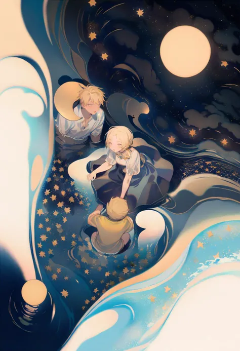 masterpiece, best quality, <lora:reiXL_ANI31_lokr_V4312:0.95> moon, crescent moon, from above, star \(sky\), sky, surreal, short hair, blonde hair, waves, water, night, star \(symbol\), cloud, multiple boys, starry sky, 1boy, night sky, 1girl, shirt, crescent, full moon, dress, 2boys, outdoors, aircraft, reflection