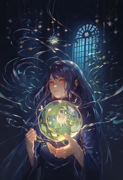 high elf, hermit witch, jill stingray, (twintails:1.2), dark purple hair, red eyes. fantasy sorceress clothes, hands around a floating ball of light, focus on ball of light with a baby dragon inside, close-up, reaching hands towards camera, hands below a floaing orb of light,
((clean lines, source: anime, detailed fingers, high quality, best quality, masterpiece, rating: g score: 9, score: 8 up)), in well lit cave, tree roots, cauldron, witch tools,  transparent cauldron, shiny green liquid, small fairy lanterns, witch tools, great lighting, floating shining stars, shining golden particles, perfect hands,