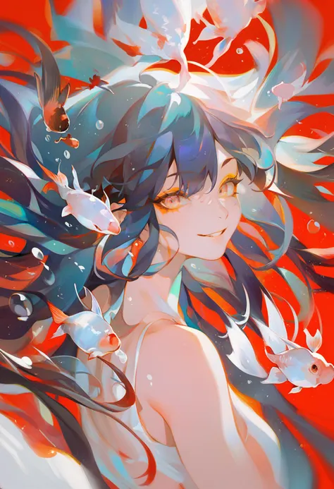 score_9, score_8_up, score_7_up, score_6_up, <lora:rei_XLP6_lokr_V4312:0.95>  1girl, fish, red background, solo, koi, goldfish, black hair, looking at viewer, parted lips, long hair, multicolored eyes, portrait, bangs, floating hair, simple background, multicolored hair, smile, makeup, bubble, ahoge, eyeshadow