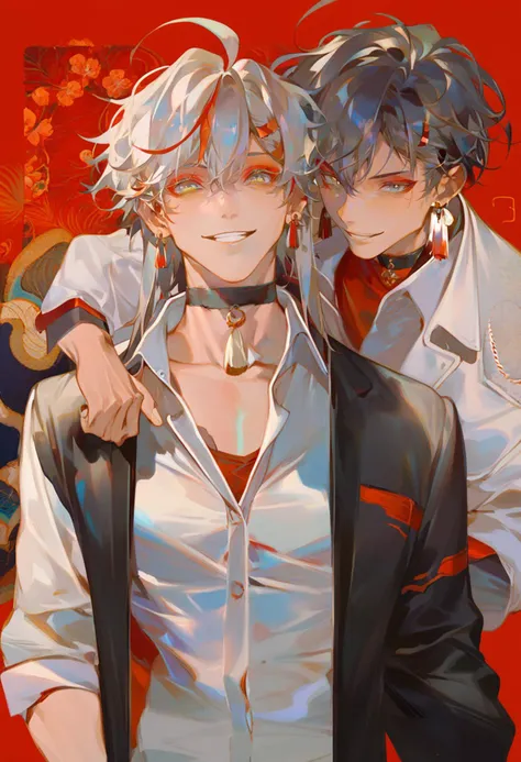 score_9, score_8_up, score_7_up, score_6_up <lora:reiXL_AutC_lokr_V43P1:0.95>  virtual youtuber, multiple boys, 2boys, black hair, male focus, jacket, jewelry, shirt, red background, yellow eyes, earrings, floral print, black jacket, smile, makeup, red hair, looking at viewer, red eyeshadow, grey hair, multicolored hair, choker, grey eyes, white jacket, red eyeliner, white shirt, eyeshadow, tassel earrings, simple background, long hair, eyeliner, medium hair, collared shirt, hair ornament, open jacket, open clothes, upper body, red shirt, hair behind ear, hairclip, tassel, ahoge, black choker, hair between eyes, streaked hair, parted lips, single earring