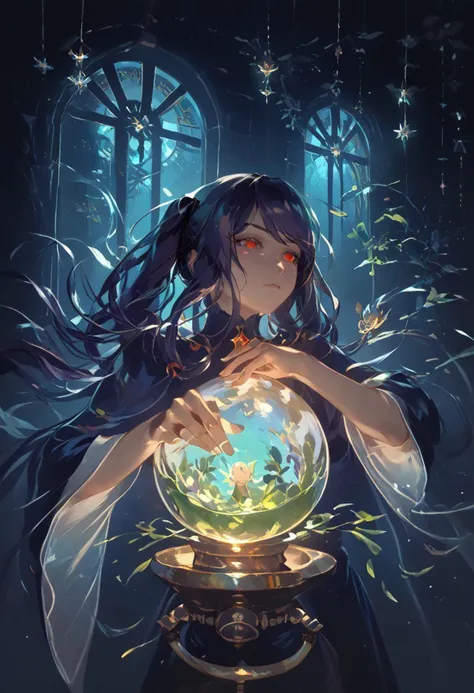 high elf, hermit witch, jill stingray, (twintails:1.2), dark purple hair, red eyes. fantasy sorceress clothes, hands around a floating ball of light, focus on ball of light with a baby dragon inside, close-up, reaching hands towards camera, hands below a floaing orb of light,
((clean lines, source: anime, detailed fingers, high quality, best quality, masterpiece, rating: g score: 9, score: 8 up)), in well lit cave, tree roots, cauldron, witch tools,  transparent cauldron, shiny green liquid, small fairy lanterns, witch tools, great lighting, floating shining stars, shining golden particles,