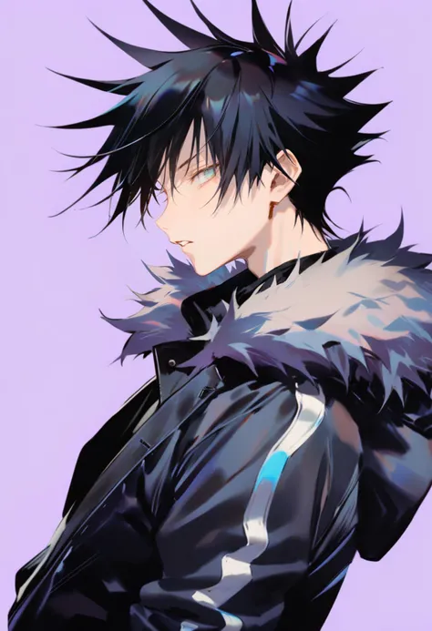 masterpiece, best quality, <lora:reiXL_ANI31_lokr_V4312:0.95> 1boy, male focus, solo, black hair, blue eyes, fushiguro megumi, looking at viewer, short hair, upper body, jacket, purple background, black jacket, simple background, parted lips, spiked hair, profile, fur trim, long sleeves, from side