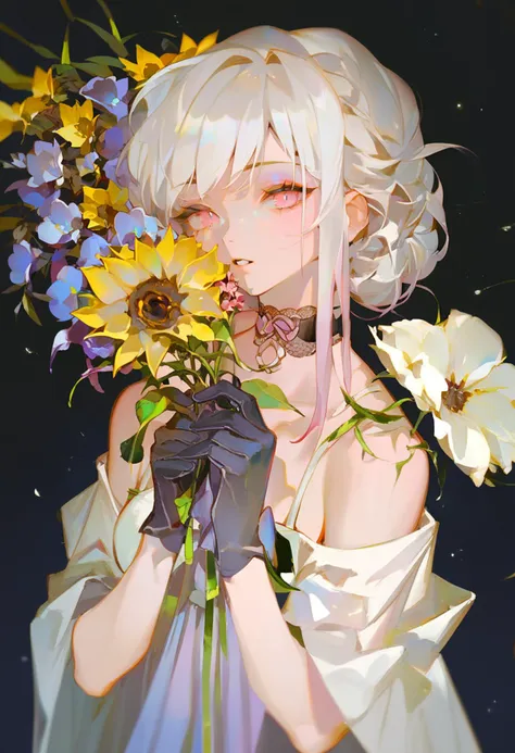 score_9, score_8_up, score_7_up, score_6_up, <lora:rei_XLP6_lokr_V4312:0.95>  flower, 1girl, solo, yellow flower, gloves, looking at viewer, choker, holding flower, black gloves, black background, white hair, blue flower, purple flower, upper body, red flower, pink eyes, parted lips, black choker, pink flower, bangs, makeup, white flower, holding, daisy, rose, spider lily, eyeshadow, hands up, sunflower