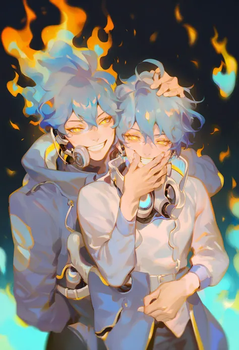 score_9, score_8_up, score_7_up, score_6_up, <lora:rei_XLP6_lokr_V4312:0.95>  multiple boys, yellow eyes, 2boys, blue hair, looking at viewer, blue lips, brothers, male focus, blue fire, makeup, fiery hair, smile, bangs, siblings, short hair, wavy hair, fire, glowing, respirator, hair between eyes, mask, long sleeves, eyeshadow, long hair, glowing eyes, hand on another's head, grin, headphones, simple background, covered mouth, black background, mechanical parts, jacket