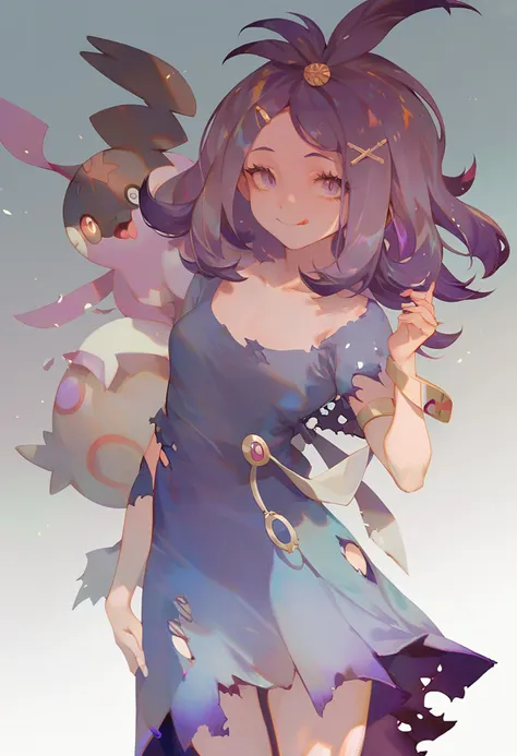 score_9, score_8_up, score_7_up, score_6_up, <lora:rei_XLP6_lokr_V4312:0.95>  mimikyu, 1girl, acerola \(pokemon\), purple hair, dress, pokemon \(creature\), armlet, hair ornament, holding, tongue, collarbone, purple eyes, flipped hair, stitches, looking at viewer, short hair, short sleeves, gradient, smile, topknot, torn dress, blue dress, holding pokemon, gradient background, hairclip, tongue out, eyelashes, bangs, grey background, closed mouth, medium hair, multicolored dress