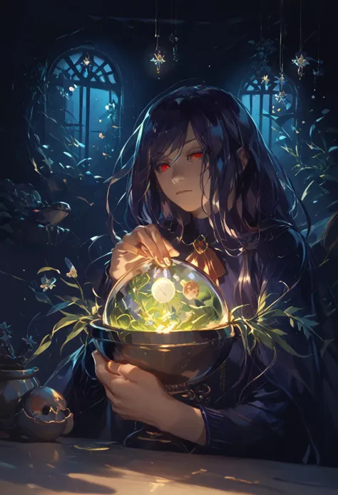 high elf, hermit witch, jill stingray, (twintails:1.2), dark purple hair, red eyes. fantasy sorceress clothes, hands around a floating ball of light, focus on ball of light with a baby dragon inside, close-up, reaching hands towards camera, hands below a floaing orb of light,
((clean lines, source: anime, detailed fingers, high quality, best quality, masterpiece, rating: g score: 9, score: 8 up)), in well lit cave, tree roots, cauldron, witch tools, transparent cauldron, shiny green liquid, small fairy lanterns, witch tools, great lighting, floating shining stars, shining golden particles, perfect hands,