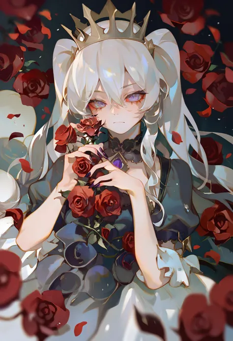 score_9, score_8_up, score_7_up, score_6_up, <lora:rei_XLP6_lokr_V4312:0.95>  1girl, white hair, flower, solo, rose, crown, holding, spikes, holding flower, twintails, long hair, looking at viewer, black background, hair between eyes, red flower, petals, purple eyes, closed mouth, nail polish, upper body, puffy sleeves, black dress, red rose, short sleeves, colored sclera, fingernails, puffy short sleeves