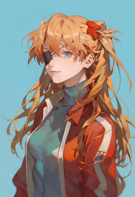 score_9, score_8_up, score_7_up, score_6_up <lora:reiXL_AutC_lokr_V43P1:0.95>  1girl, souryuu asuka langley, solo, blue eyes, long hair, eyepatch, jacket, plugsuit, track jacket, blue background, simple background, red jacket, upper body, turtleneck, closed mouth, looking at viewer, orange hair, smile, lips, floating hair, hair ornament