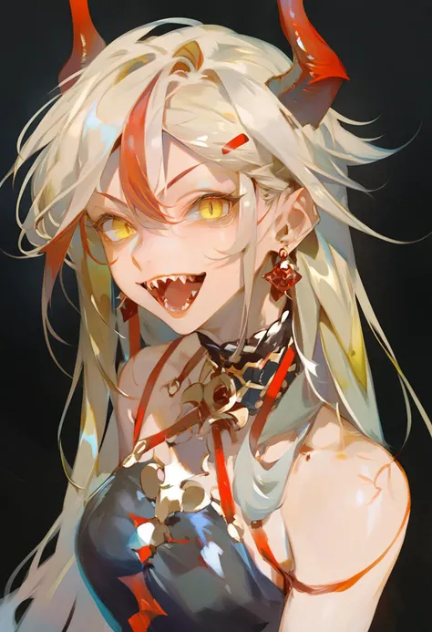 score_9, score_8_up, score_7_up, score_6_up <lora:reiXL_AutC_lokr_V43P1:0.95>  1girl, solo, open mouth, horns, sharp teeth, teeth, earrings, jewelry, looking at viewer, long hair, multicolored eyes, multicolored hair, hair between eyes, black background, bare shoulders, hair ornament, portrait, yellow eyes, red ribbon, red hair, fangs, white hair, blonde hair, hairclip, ribbon, streaked hair