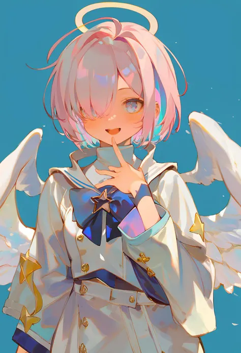 score_9, score_8_up, score_7_up, score_6_up, <lora:rei_XLP6_lokr_V4312:0.95>  1girl, solo, virtual youtuber, halo, amane kanata, wings, star halo, multicolored hair, feathered wings, angel, angel wings, colored inner hair, smile, simple background, asymmetrical hair, open mouth, armband, looking at viewer, bow, blue background, short hair, upper body, blue hair, long sleeves, single hair intake, white wings, purple eyes, :d, bob cut, blue bow, pink hair, mini wings, streaked hair, sailor collar, multicolored eyes, bangs, white hair, jacket, bowtie, turtleneck, grey hair, hair over one eye, high collar, blue eyes, upper teeth only, blush, grey jacket, teeth, sleeve cuffs, sleeves past wrists, blue bowtie, hand on own chest, wide sleeves