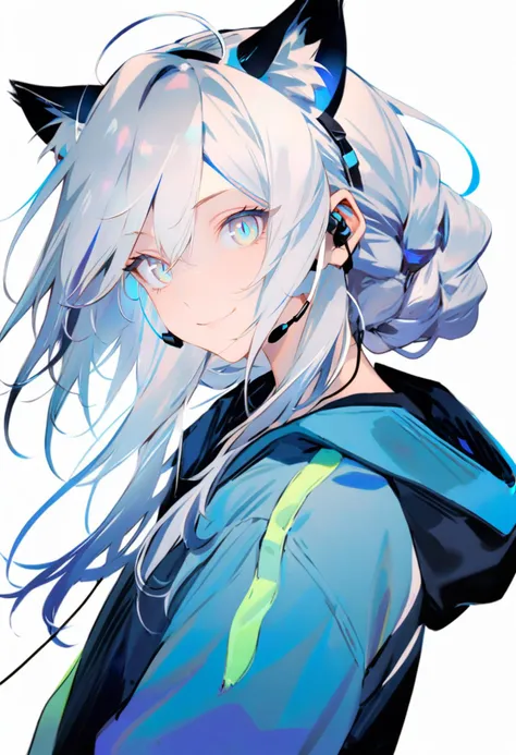 masterpiece, best quality, <lora:reiXL_ANI31_lokr_V4312:0.95> 1girl, solo, animal ears, blue eyes, portrait, white background, long hair, simple background, white hair, looking at viewer, earphones, braid, hair between eyes, earpiece, extra ears, closed mouth, jacket, smile, animal ear fluff, earbuds, cat ears