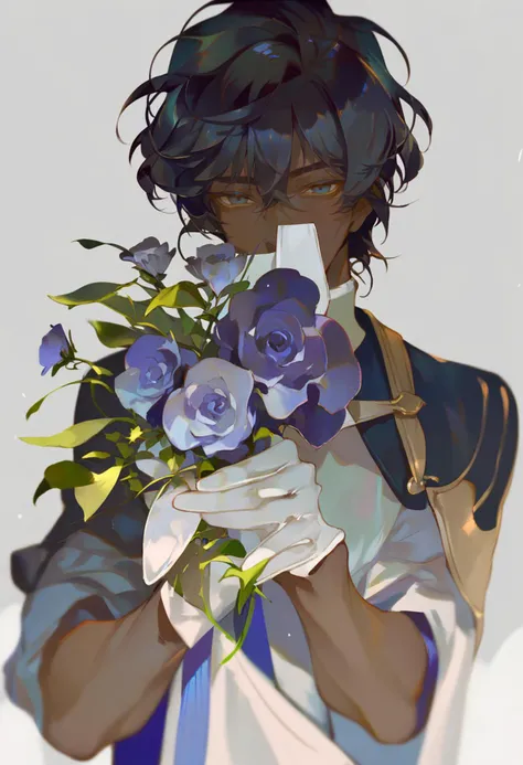 score_9, score_8_up, score_7_up, score_6_up, <lora:rei_XLP6_lokr_V4312:0.95>  arjuna \(fate\), 1boy, solo, male focus, flower, dark-skinned male, gloves, dark skin, holding, black hair, blue flower, white gloves, holding flower, hair between eyes, rose, covered mouth, feathers, looking at viewer, blue rose, makeup, upper body, white background, eyeshadow, bangs, simple background, black eyes, blue feathers, blue eyes, short hair