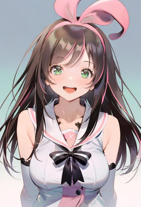 masterpiece, best quality, <lora:reiXL_ANI31_lokr_V4312:0.95> 1girl, kizuna ai, virtual youtuber, solo, long hair, brown hair, pink hairband, smile, looking at viewer, hairband, open mouth, sailor collar, green eyes, upper body, multicolored hair, bow, streaked hair, shirt, :d, detached sleeves, pink hair, white sailor collar, sleeveless, sleeveless shirt, hair bow, white shirt, teeth, gradient background, straight-on