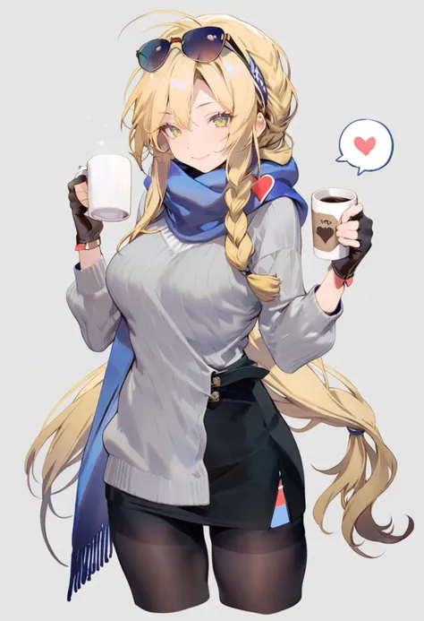 masterpiece, best quality, <lora:reiXL_ANI31_lokr_V4312:0.95> 1girl, long hair, solo, blonde hair, scarf, cup, eyewear on head, gloves, heart, pantyhose, green eyes, fingerless gloves, spoken heart, skirt, sweater, mug, blue scarf, sunglasses, holding, smile, looking at viewer, very long hair, low-tied long hair, holding cup, alternate costume, cropped legs, black gloves, hairband, braid, black skirt, simple background, coffee mug, grey sweater, closed mouth, black pantyhose, grey background, long sleeves