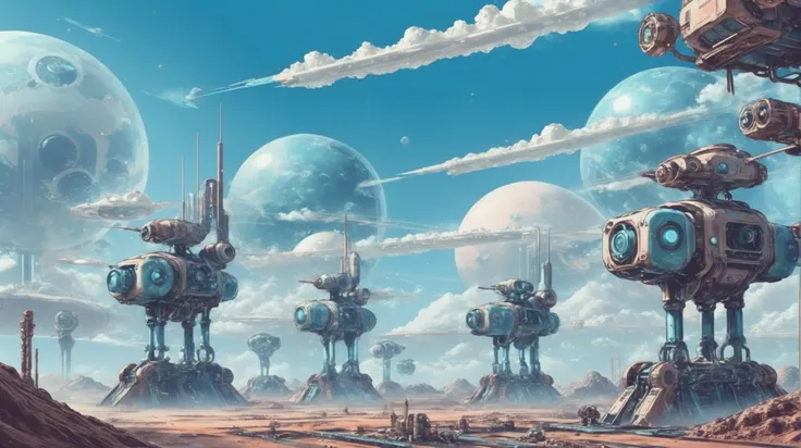 morning, blue sky, clouds, scenery, "at the Dystopian Mech"<lora:EnvyRetroMarsXL01:1>