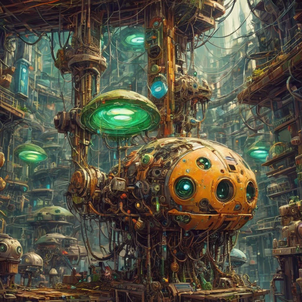 <lora:add-detail-xl:2.4> <lora:xl_more_art-full-xl:0.6> <lora:lyco-style-envydramaticlightingxl01_digital_art-xl:0.4>
In the style of Giuseppe Arcimboldo, award-winning macro photo by (mika asai:1.2), chiaroscuro, rim lighting, dappled light, the (diminutive:1.4) jovial Daifierite is a (colorful:1.2) quirky and enigmatic Nudipleura that dwells in the canopies and jellywhatzit shneebleton of the fantastical alien world Zaphod B, where they harvest snazzjuice (spores and floating snazzjuice:1.2) for sustenance, Android, Robot, Futuristic image, (in the background a hyper advanced Cyberpunk city), limepop green and emerald green and deep orange and violet and forest green and electric green and lemon yellow and turquoise blue and terracotta brown, ultra detailed, 8k, uhd