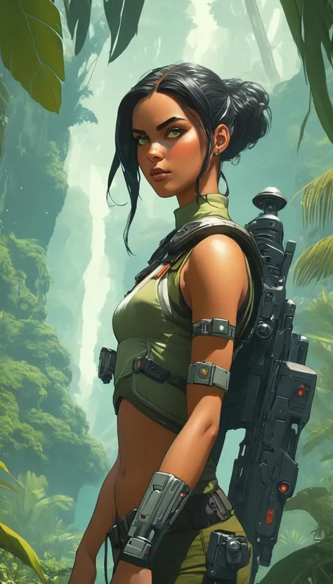 Female on a jungle planet, sci-fi, science fiction, cinematic scene, hero view, extremely beautiful piercing eyes, scenery, detailed background, masterpiece, best quality, high quality, highres, absurdres, very detailed, high resolution, sharp, sharp image, 8k, vivid, colorful, sillage comic <lora:sillage_xl_v1:1>